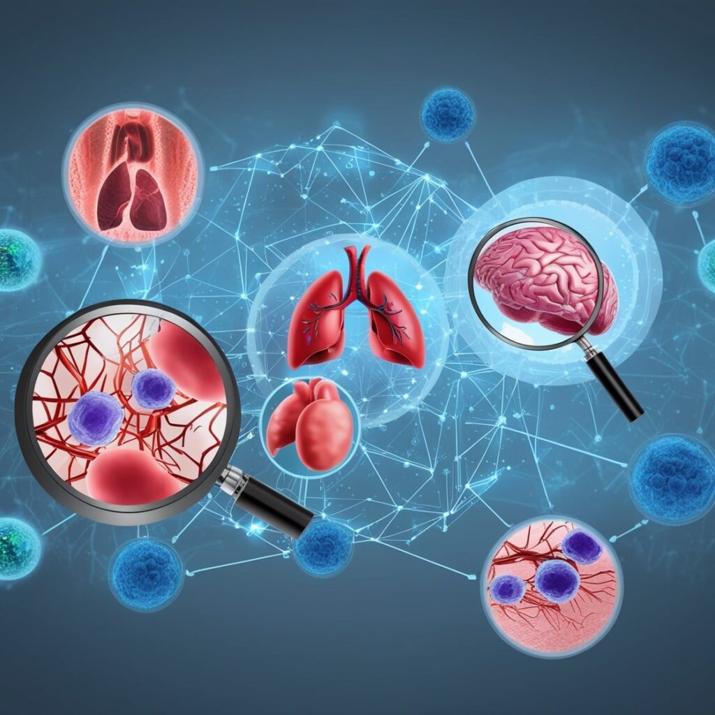 It looks like you've uploaded an image titled "AI in Health Monitoring.jpg." From what I can see in the preview, the image shows key body organs (such as the lungs, heart, and brain) with magnifying glasses highlighting cellular-level details, possibly representing AI-driven early disease detection or health monitoring.