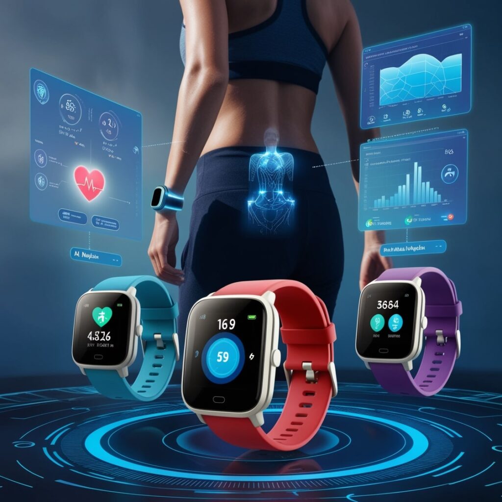 A futuristic scene showcasing wearable health technology. A person in athletic wear is seen from the back, wearing a smartwatch on their wrist. Surrounding the person are holographic digital displays showing health data, including heart rate, step count, and health graphs. Three smartwatches with different colored bands (blue, red, and purple) are floating in the foreground, displaying various health metrics. The overall design emphasizes advanced health monitoring and fitness tracking, with a focus on early disease detection using AI-powered insights.