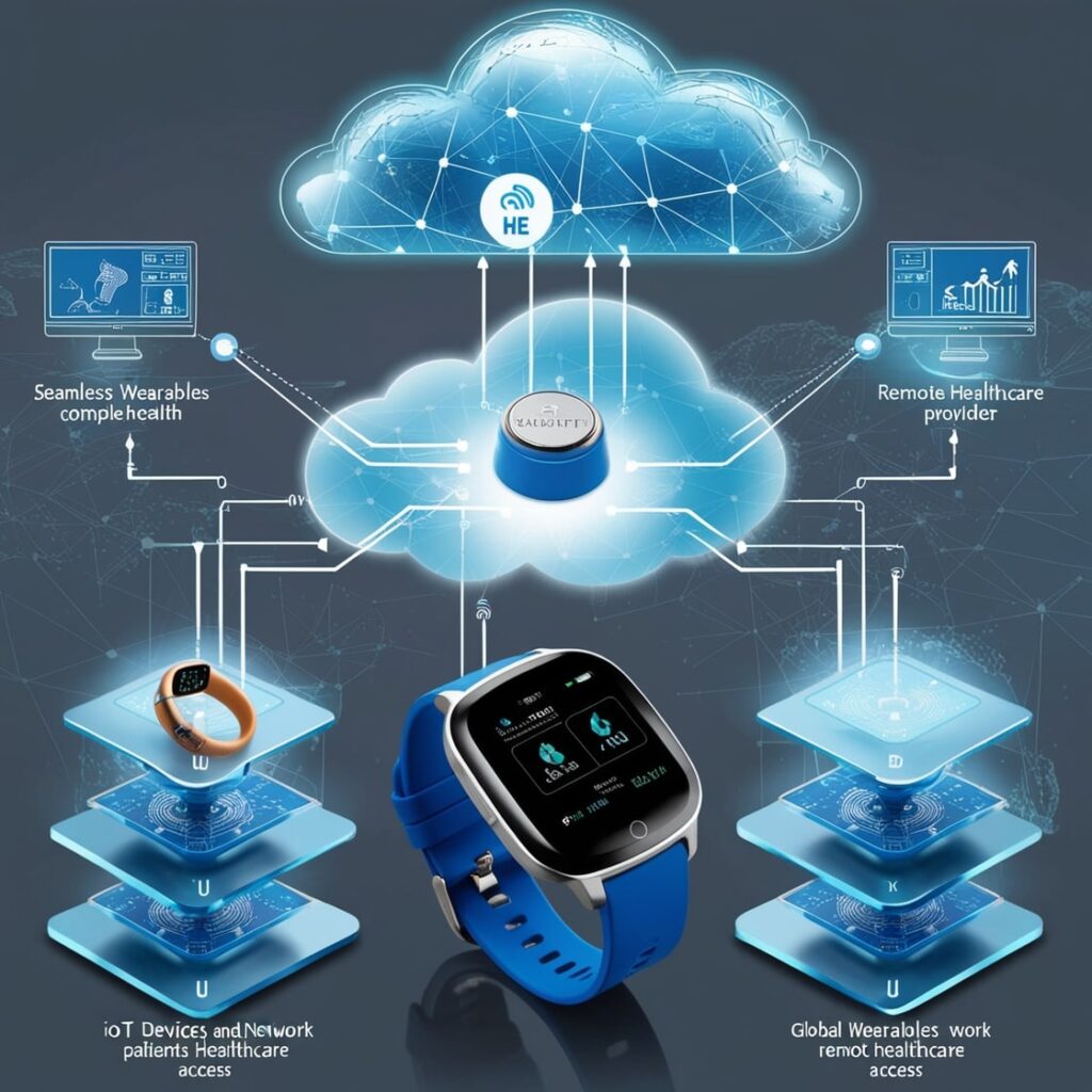 A futuristic visual concept of AI-powered health monitoring through wearable devices. At the center is a cloud network symbolizing data connectivity, with lines extending to various healthcare devices, including a smartwatch and a smart ring. The image shows a seamless connection between wearables, IoT devices, and remote healthcare providers. The cloud represents data storage and analysis, allowing for real-time health monitoring and remote access to patient information. The design highlights the integration of technology and healthcare for enhanced patient care and global access to health data.