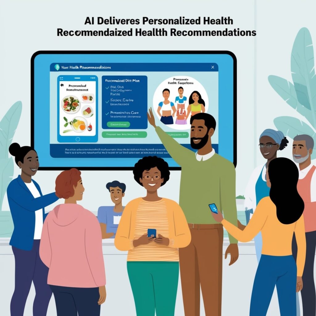 A diverse group of people, smiling and engaged, stands in front of a large screen displaying personalized health recommendations. The screen shows AI-generated diet plans and health tips, including an image of a balanced meal and exercise suggestions for specific health goals. Some individuals are holding smartphones, interacting with the recommendations, while one person points to the screen. The setting suggests a community or educational environment where people are learning about AI-driven, customized health guidance to improve their well-being.