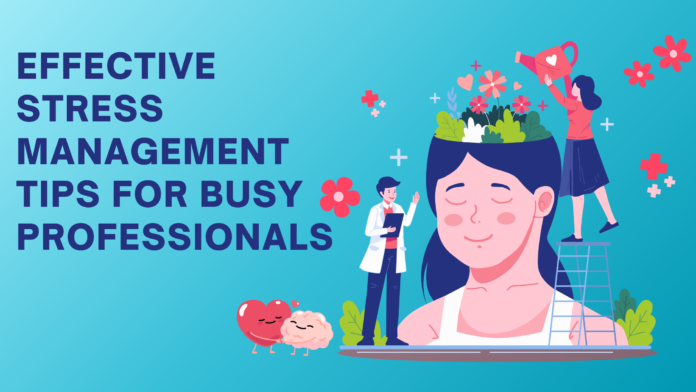 A stress management promotional banner with a light blue gradient background. The bold dark blue text reads 