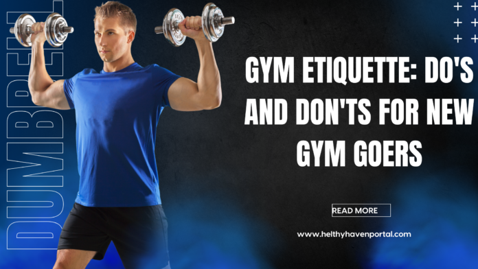 A gym etiquette promotional banner featuring a man in a blue T-shirt and black shorts lifting dumbbells. The background is a dark gradient with blue highlights, and the word 