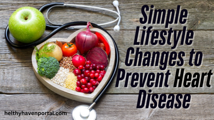 A heart-shaped wooden bowl filled with healthy foods like vegetables, fruits, and grains, placed on a rustic wooden table. A stethoscope is wrapped around the bowl, symbolizing heart health. A green apple sits beside the stethoscope. The bold text reads 