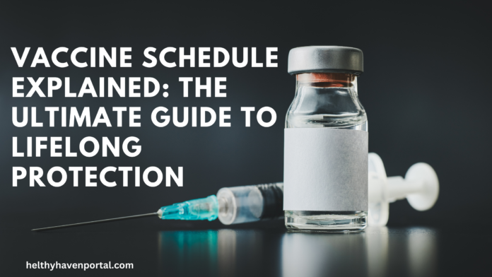 A close-up of a vaccine vial and syringe on a reflective surface with a dark background. Bold white text reads 'Vaccine Schedule Explained: The Ultimate Guide to Lifelong Protection.' The website name 'healthyhavenportal.com' is displayed at the bottom left.