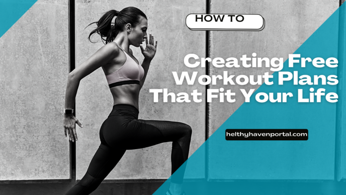 A fitness-themed graphic promoting a guide on creating free workout plans that fit individual lifestyles. The image features a black-and-white photo of a fit woman in athletic wear performing a running pose against a concrete wall. The design incorporates blue accents with bold white text that reads: 