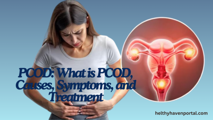 A young woman wearing a white t-shirt holds her lower abdomen with a pained expression. Next to her is a digitally illustrated image of a female reproductive system with highlighted ovaries. The text overlay reads 'PCOD: What is PCOD, Causes, Symptoms, and Treatment' in bold blue font. The website 'healthyhavenportal.com' is displayed at the bottom right corner on a gradient blue background.